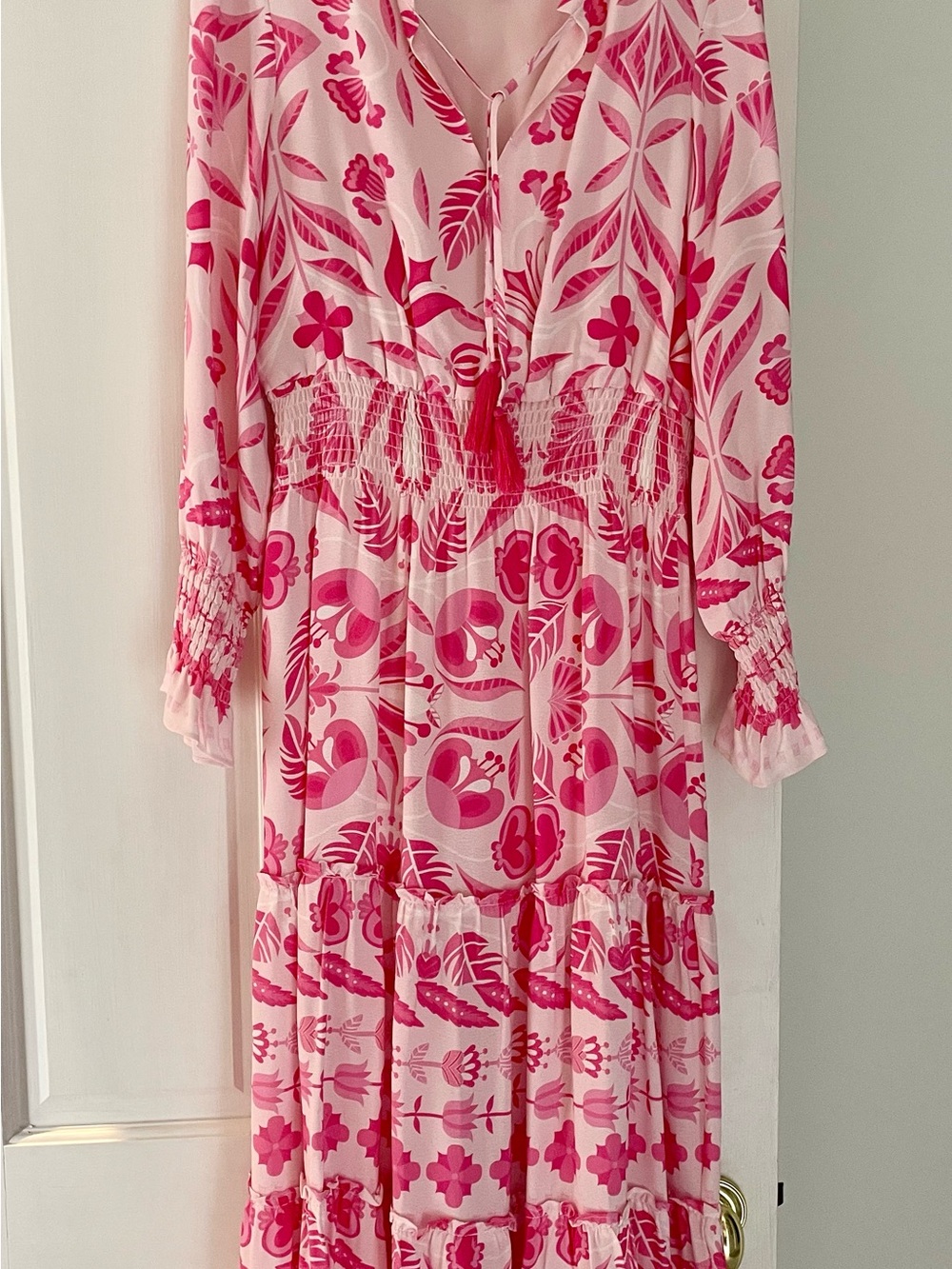 Sail to Sable Pink and White Floral Long Sleeve Smocked Waist Midi Dress S -